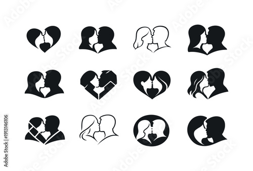 Couples embracing and expressing affection in public. Icon set. Set Logo of couples embracing and expressing affection in public: kissing