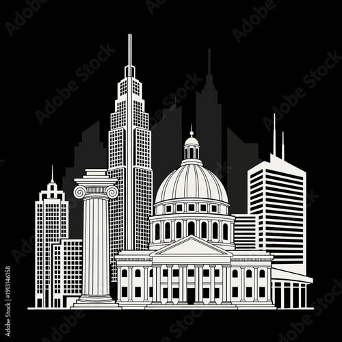 White Line Art Cityscape with Classical Architecture and Modern Skyscrapers.