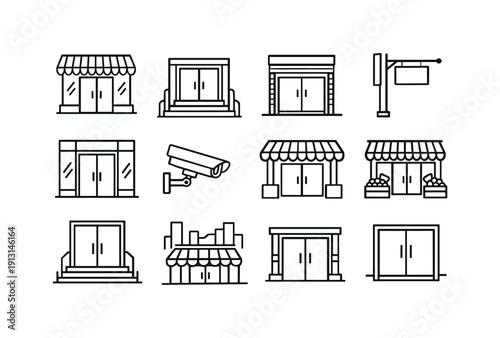 Urban Grocery Entrance. Line icon set of Urban Grocery Entrance: city storefront, sidewalk entrance, roll-up door frame, street signage,