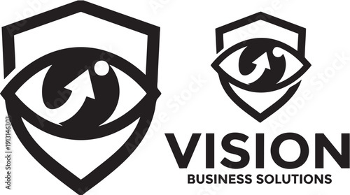 Vision business solutions logo featuring a shield with an eye and arrow symbolizing insight and protection