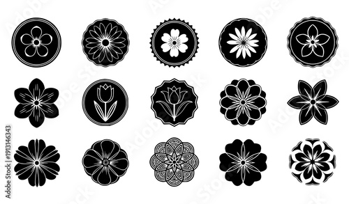 Decorative flower icon set vector black floral badges and ornaments isolated on transparent background
