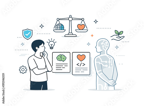 Ethics of synthetic consciousness. A thoughtful human figure reviewing information panels while a transparent AI silhouette observes nearby,