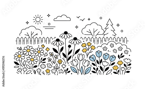 Colorful backyard flowers. Dense flower beds in bloom with a fence and trees softly outlined behind. Natural richness, calm