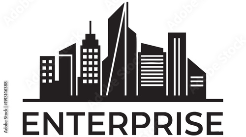 Enterprise business logo featuring a stylized cityscape with modern skyscrapers and bold typography representing corporate identity