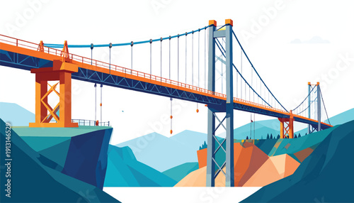 Bridge Being Constructed Section by Section Across Gap - Flat Vector Illustration