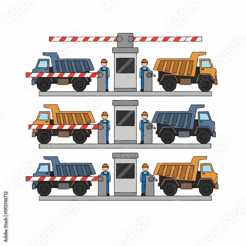 Dump Trucks Passing Through Security Checkpoint.