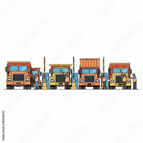 Four Construction Dump Trucks with Workers.