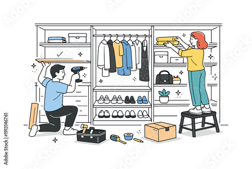 Custom walk-in closet construction. A calm editorial scene with built-in shelves, drawers, and hanging clothes taking shape step by step. The