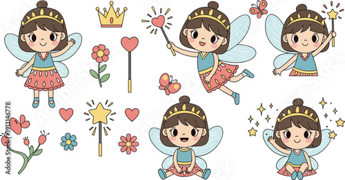 Cute fairy princess girl character set with wings, crown, magic wands, flowers, hearts and stars
