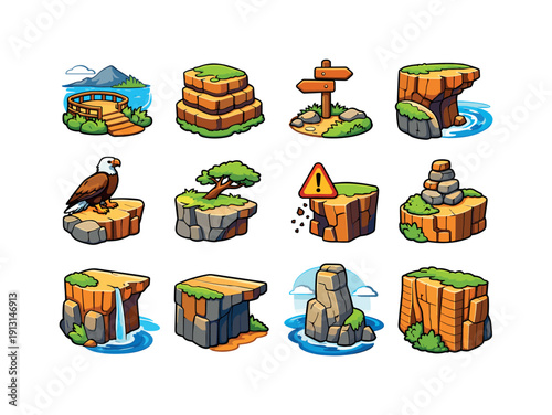 Colorful Cliff Icons. Cliff Landscapes. Colorful isometric vector icons set of Cliff Landscapes: scenic lookout, layered rock, cliff trail sign, dramatic