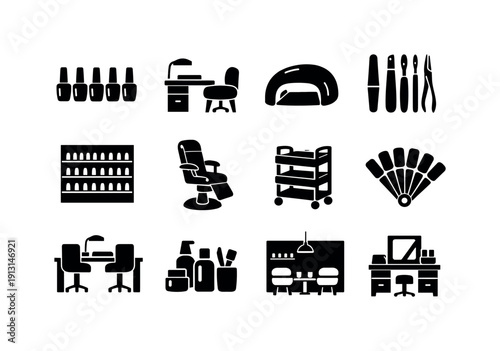 Nail Salon Icons. nail salon setup. Solid icon set of nail salon setup: polish bottles row, manicure table, UV lamp, nail tools, polish rack, salon chair,