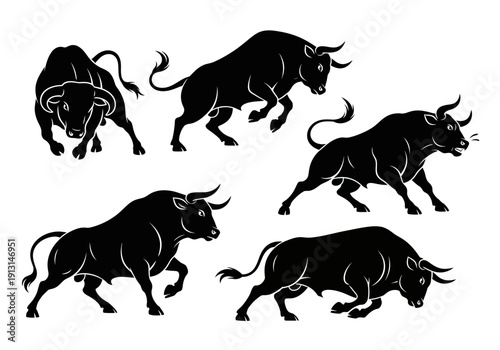 Set of Black Bull Silhouettes in Various Poses.