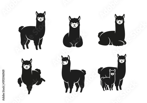 Set of Black Silhouette Illustrations of Alpacas in Various Poses.
