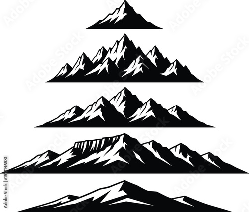 Mountain range silhouette collection, alpine peak landscape vector illustration set isolated on white background for design