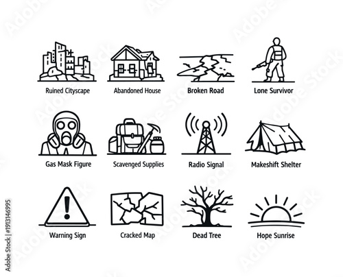 Post-Cataclysm Icons. Post-Cataclysm. Line icon set of Post-Cataclysm: ruined cityscape, abandoned house, broken road, lone survivor, gas mask