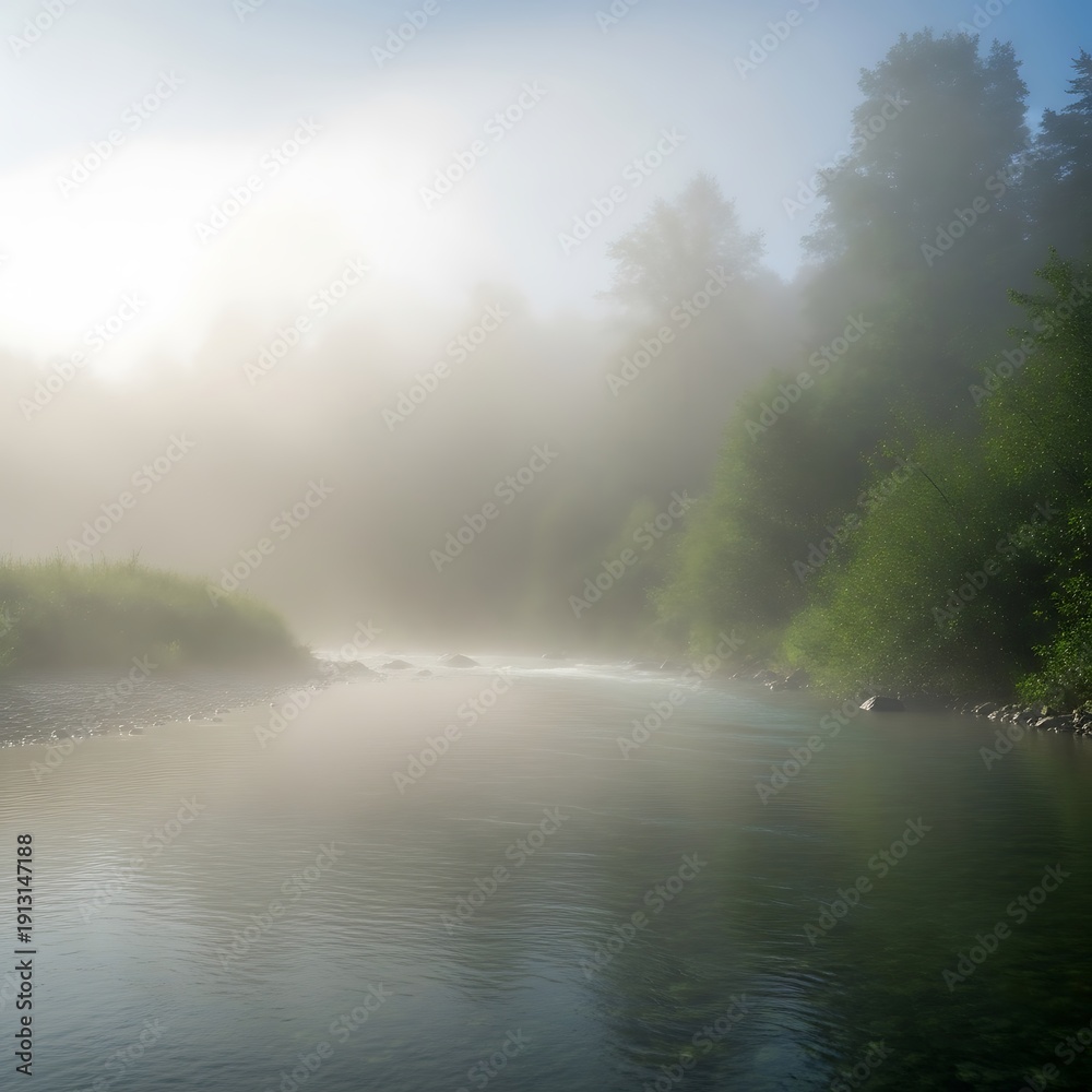 Fototapeta premium Misty river flowing through a lush green forest with sunlight filtering through the morning fog, creating a serene and tranquil natural landscape