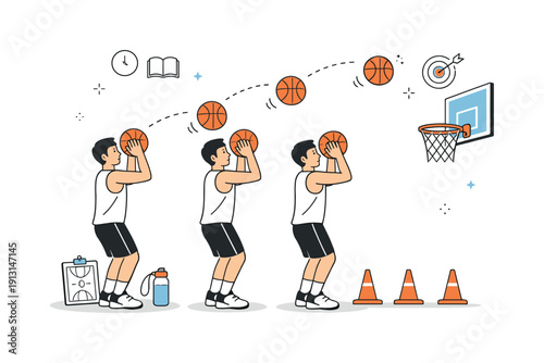 Basketball Shooting Practice. Basketball fundamentals practice. Player repeating shooting drills with a calm, focused posture. Clean sports illustration about