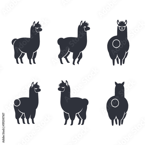 Set of six black llama silhouettes in different poses.