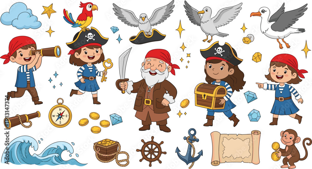 Fototapeta premium Cute pirate kids adventure set with captain, treasure chest, map, coins, anchor and nautical elements