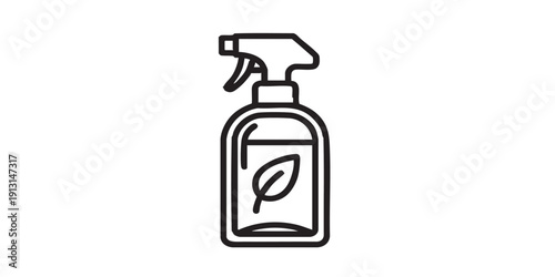 Glass spray bottle icon, flat black and white, leaf symbol, minimal vector, bathroom and kitchen, isolated, simple design