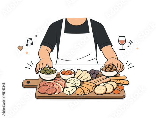 A person preparing a charcuterie board with a variety of meats and cheeses. Final touches being added with small bowls of nuts and olives.