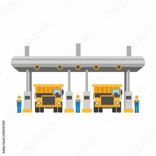 Fueling Station with Trucks and Workers.