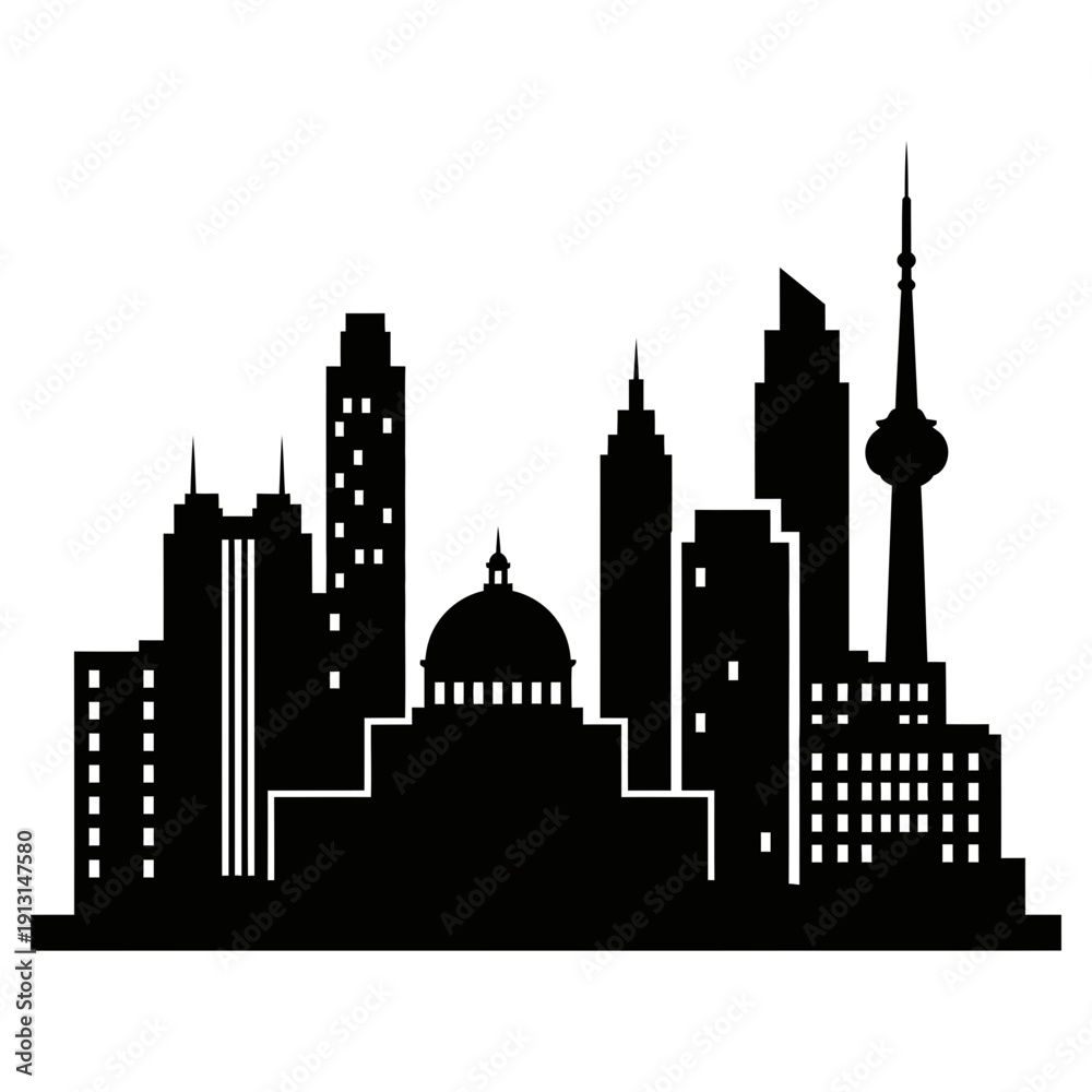 Obraz premium Silhouette of a Modern City Skyline with Diverse Architecture.