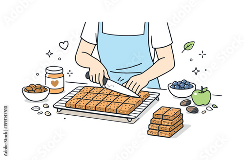 Cooling and slicing energy bars. A person cutting baked bars into neat portions, with healthy ingredients shown subtly around. The