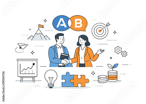 Business partnership sponsorship. A calm editorial scene showing shared goals, joint logos, and coordinated effort. Clean geometry and open