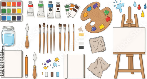 Painting and art supplies set with watercolor palette, brushes, easel canvas, paint tubes and sketchbook