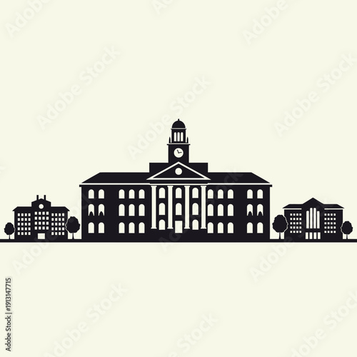 Silhouette of University Buildings with Clock Tower.