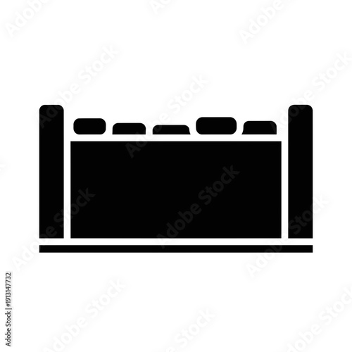 Simple black and white icon of a bed.