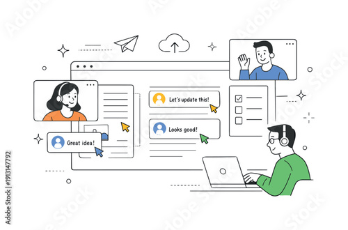 Remote collaboration tools. People interacting through a shared dashboard with documents, comments, and cursors visible. Transparency,