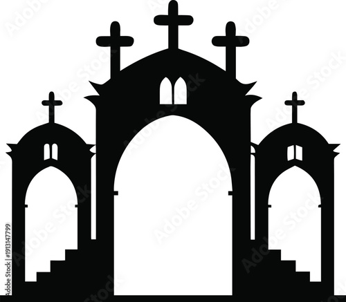 A striking black silhouette depicts a hilltop church with multiple crosses showcasing architectural details high quality professional detailed