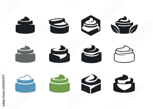 Beauty and skincare products. Icon set. Set Logo of beauty and skincare products: skincare cream jar. harmonious logo variations of the same