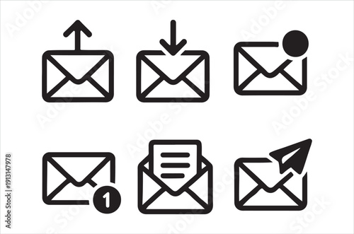 Set of black and white email and message related icons
