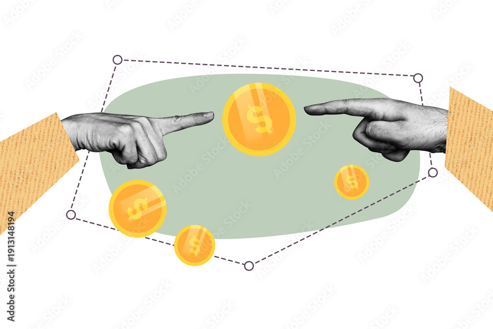 Obraz premium Trend artwork composite sketch image photo collage of monochrome hand finger point touch partner stand huge pile gold coins money rich