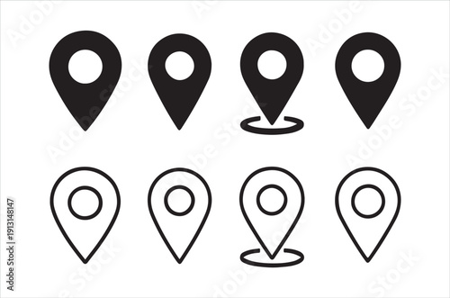 Four sets of location pin icons filled and outlined styles