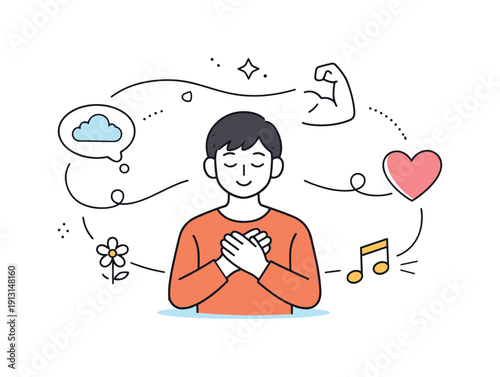 Positive psychology concept. A clean composition where thoughts, hearts, and notes connect around a person, symbolizing gratitude,