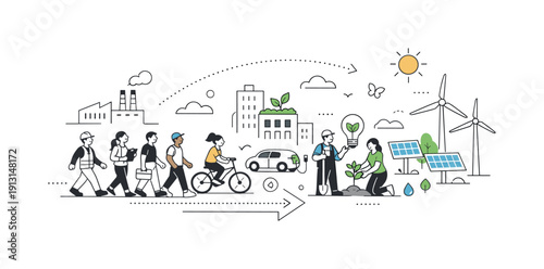 Sustainable Progress Journey. Just transition to sustainability. Workers and communities moving toward renewable energy symbols and green infrastructure