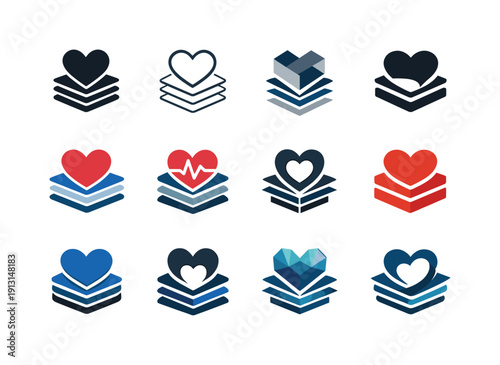 Medical database interface. Icon set. Set Logo of Medical database interface: heart icon over data layers. harmonious logo variations of the
