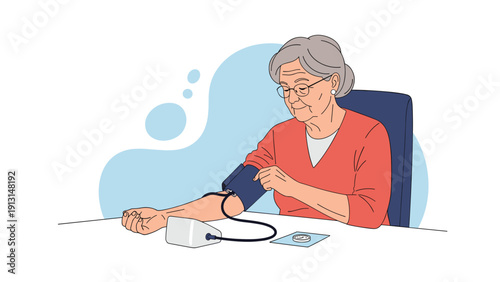 Senior woman carefully monitoring her blood pressure at home using a digital tonometer to maintain her overall health and well being.