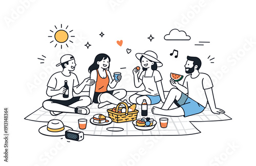 Relaxed summer social life aesthetics. Group enjoying a picnic-style gathering with light gestures and laughter. Friendly interaction without