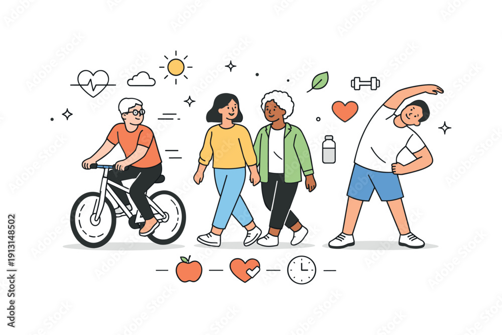 Fototapeta premium Active lifestyle benefits. People engaging in different light activities like cycling, walking, or stretching, shown together in a calm