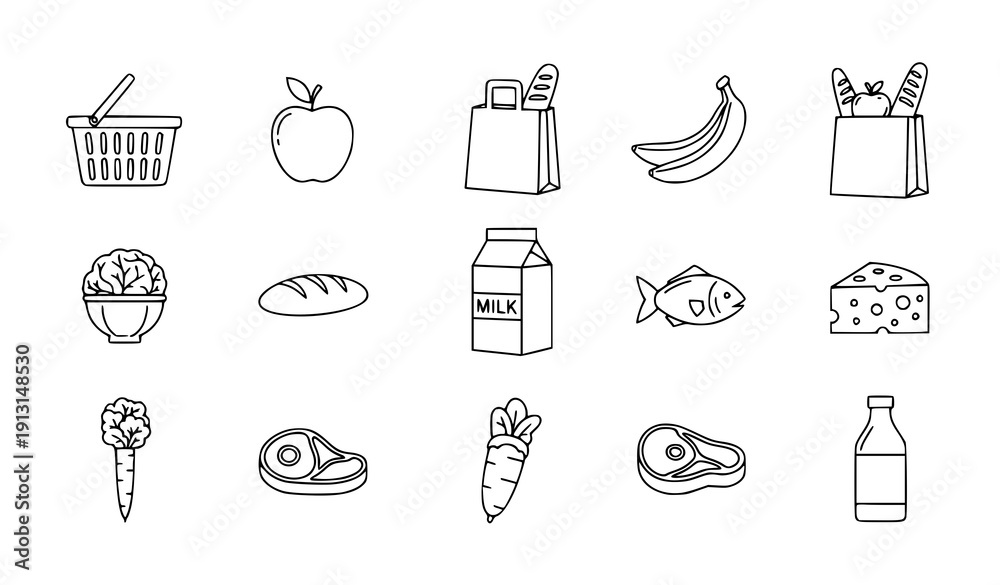 Fototapeta premium Grocery and food outline icon set vector minimalist kitchen symbols isolated on transparent background