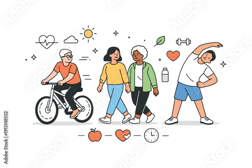 Active lifestyle benefits. People engaging in different light activities like cycling, walking, or stretching, shown together in a calm