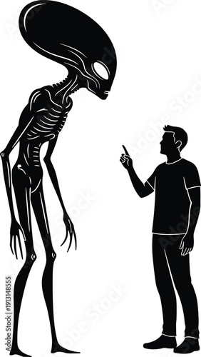 Silhouette Illustration of Human Figure Confronting Tall Extraterrestrial Alien with Elongated Head, Large Eyes, and Skeletal Body