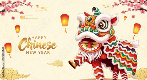Chinese lion dance cute cartoon mascot happy Chinese New Year traditional festive illustration