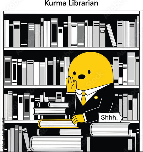 Kurma Librarian with Shhh Sign Handling Books in Library