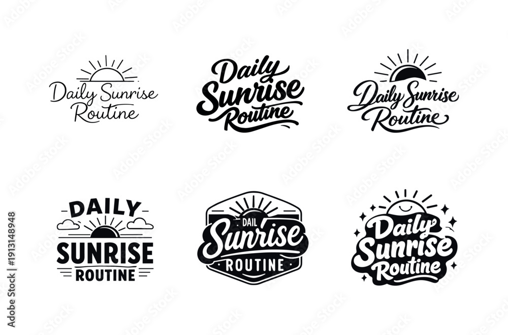 Obraz premium Daily sunrise routine lettering. Set lettering. harmonious lettering variations of the same emblematic concept, each with different artistic